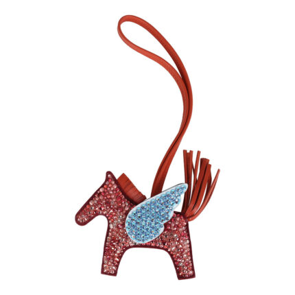 Custom Red Swarovski Crystal Hermès Bedazzled Pegase Rodeo Bag Charm PM Rouge Grenat/Bleu Brume/Cornaline Milo Lambskin
