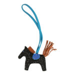 Custom Black Swarovski Crystal Hermès Rodeo Bag Charm PM Black, Bleu Zanzibar & Gold Milo Lambskin
