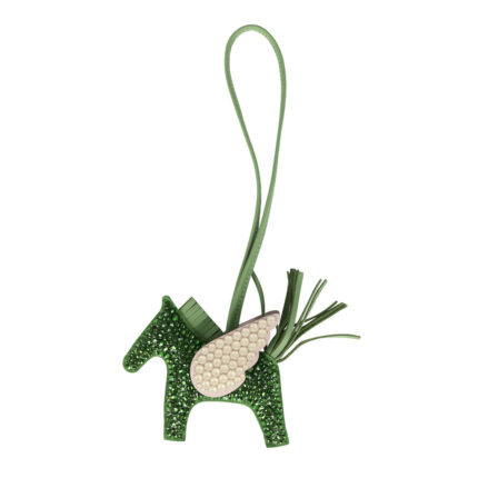 Custom Green and Light Pink Swarovski Crystal Hermès Bedazzled Pegase Rodeo Bag Charm PM Vert Yucca, Vert Criquet and Mauve Pale Milo Lambskin