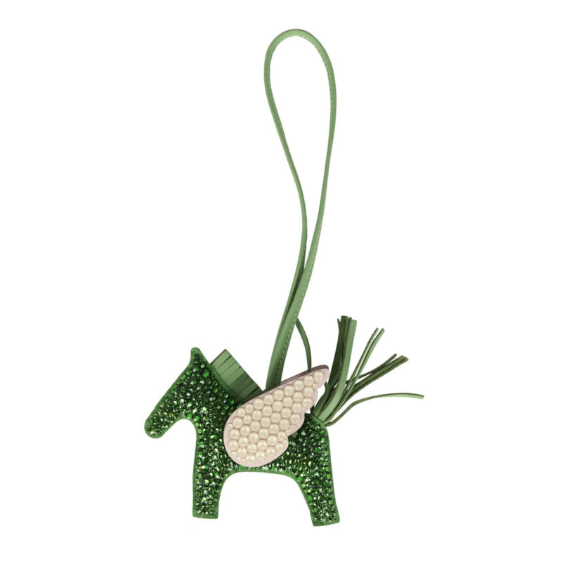 Custom Green and Light Pink Swarovski Crystal Hermès Bedazzled Pegase Rodeo Bag Charm PM Vert Yucca, Vert Criquet and Mauve Pale Milo Lambskin