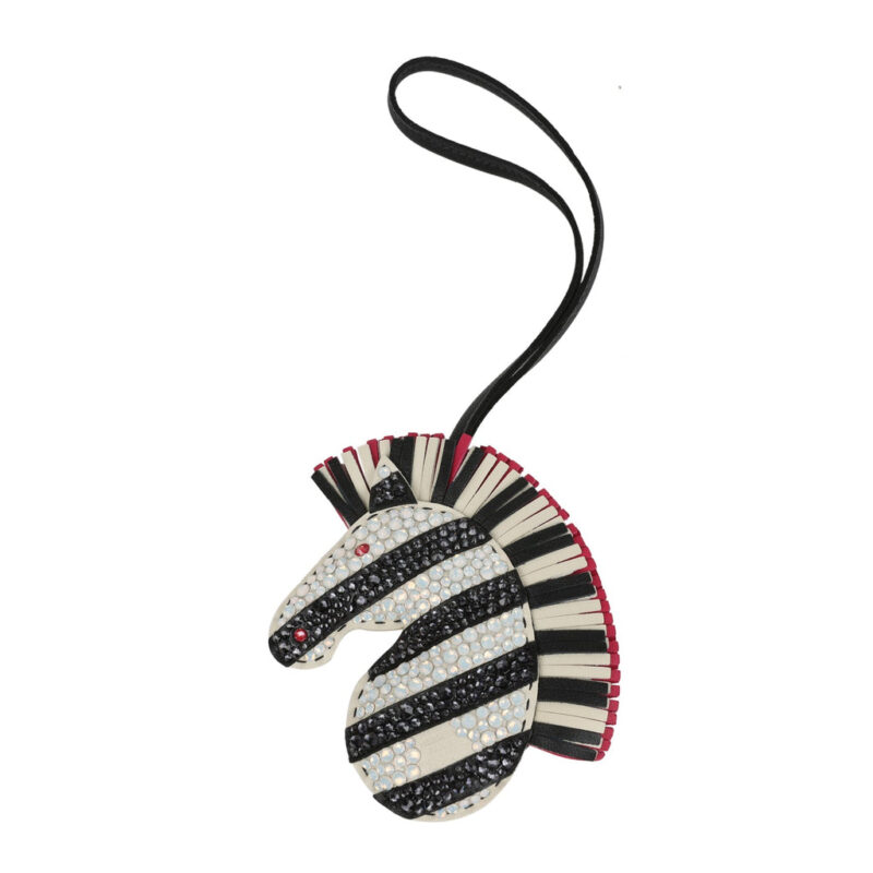 Custom Zebra Swarovski Crystal Hermès GeeGee Savannah Bag Charm PM Rose Mexico, White and Black Milo Lambskin