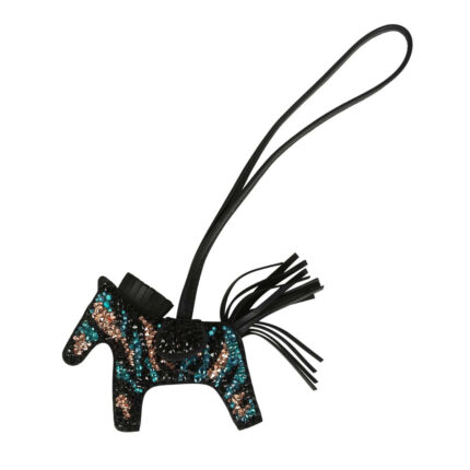 Custom Multicolored Swarovski Crystal Hermès Bedazzled Rodeo Bag Charm PM Black Milo Lambskin