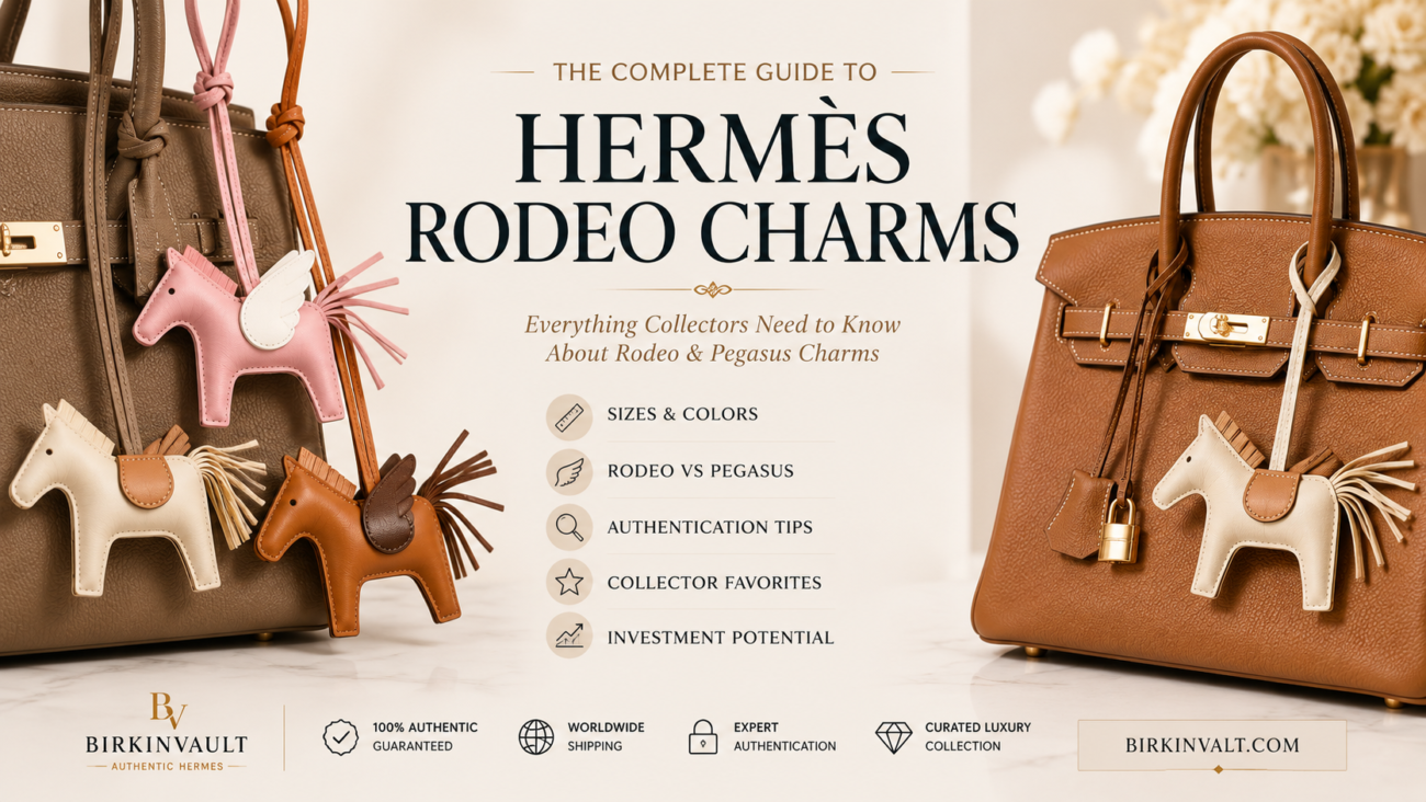 Authentic Hermès Rodeo and Pegasus charms hanging from Hermès Birkin bags in collectible colors