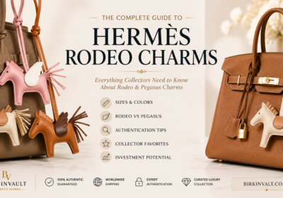 Authentic Herm&egrave;s Rodeo and Pegasus charms hanging from Herm&egrave;s Birkin bags in collectible colors