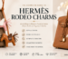 Authentic Hermès Rodeo and Pegasus charms hanging from Hermès Birkin bags in collectible colors