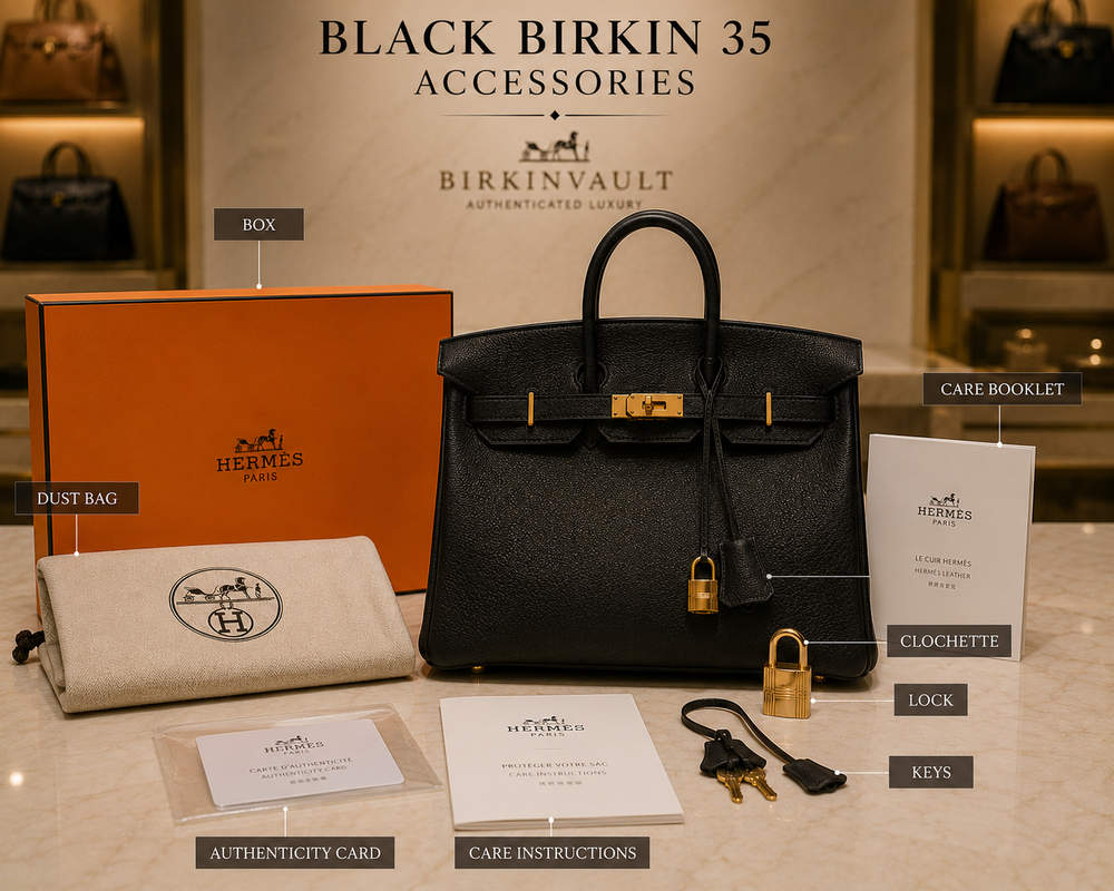 Black Birkin 35 with luxury handbag accessories