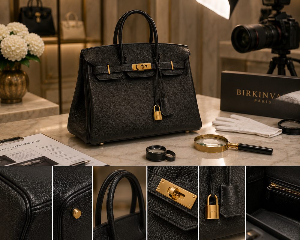 Inspecting the condition of a pre-owned luxury handbag