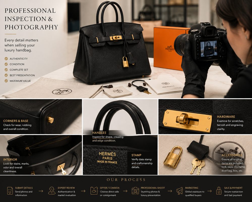 Preparing a luxury handbag for resale and valuation