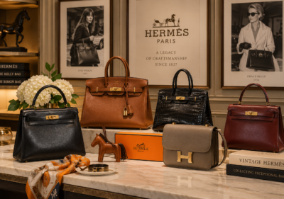 Vintage Hermès handbags collection in luxury collector gallery