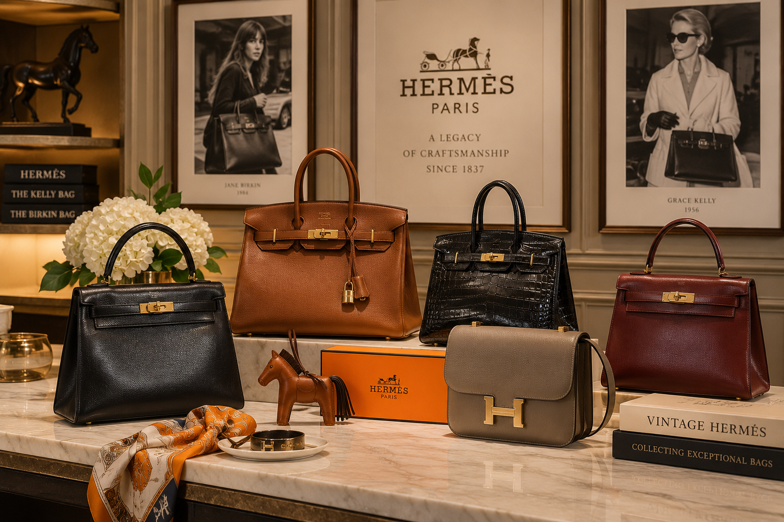 Vintage Hermès handbags collection in luxury collector gallery